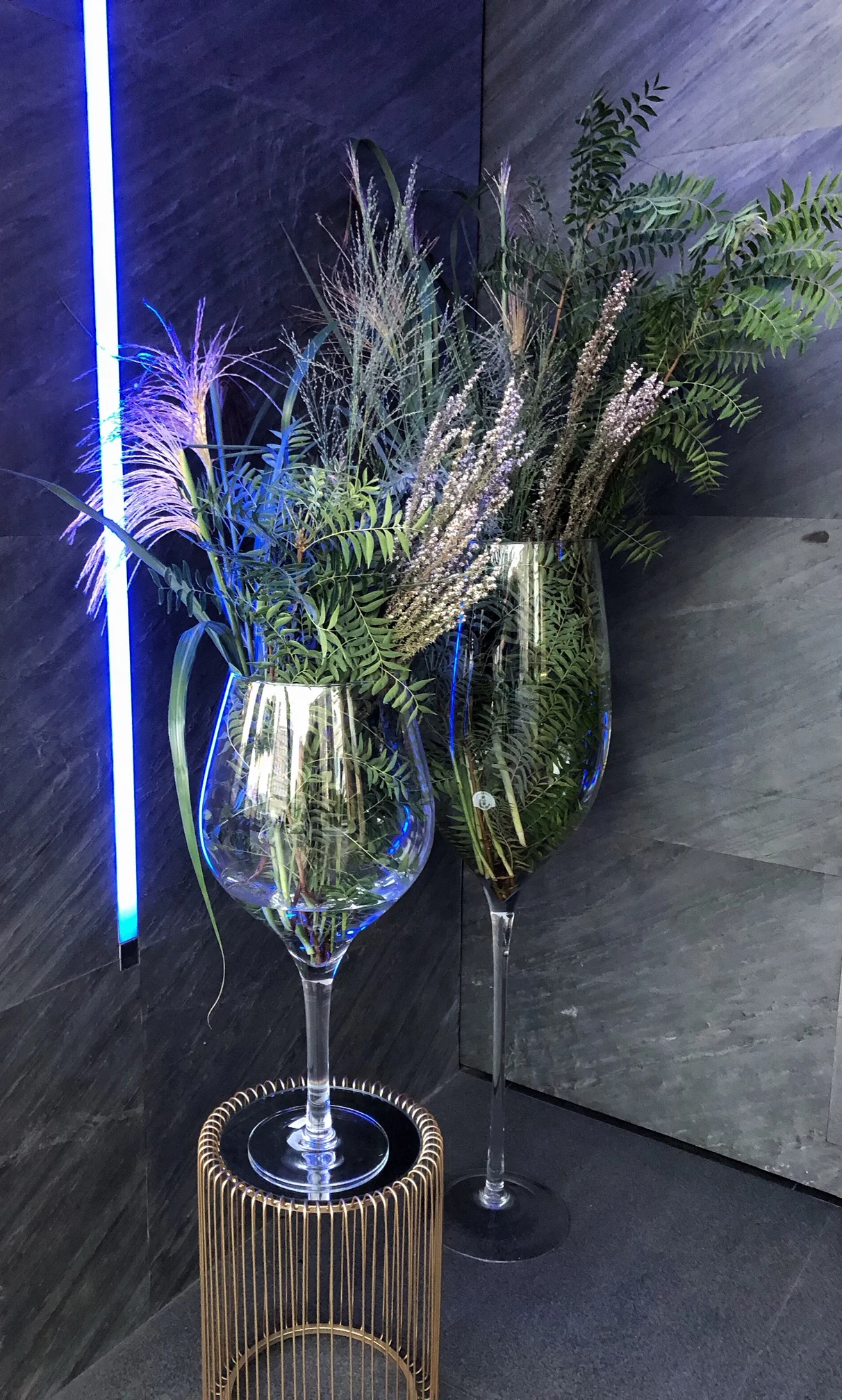 玻璃杯內插著綠色蕨類植物與白色小花,置於金色條紋金屬座上,旁邊有藍色霓虹燈管,背景為灰色牆面